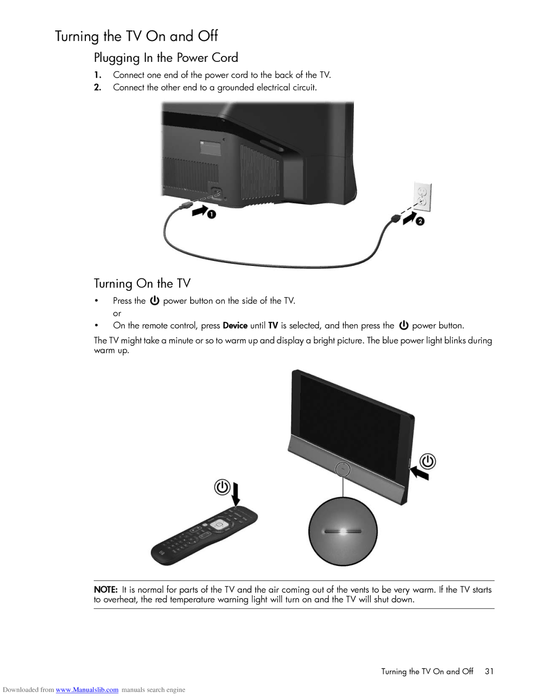 HP Projection Television MD5880N manual Turning the TV On and Off, Plugging In the Power Cord, Turning On the TV 