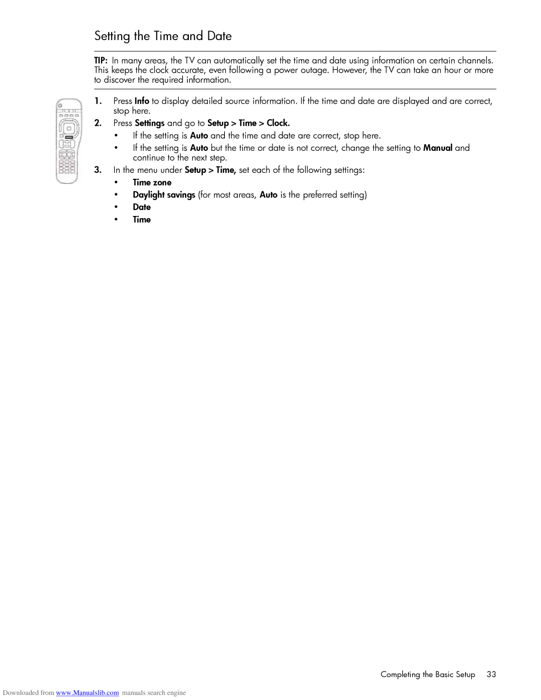 HP Projection Television MD5880N, Projection Television MD6580N manual Setting the Time and Date, Completing the Basic Setup 