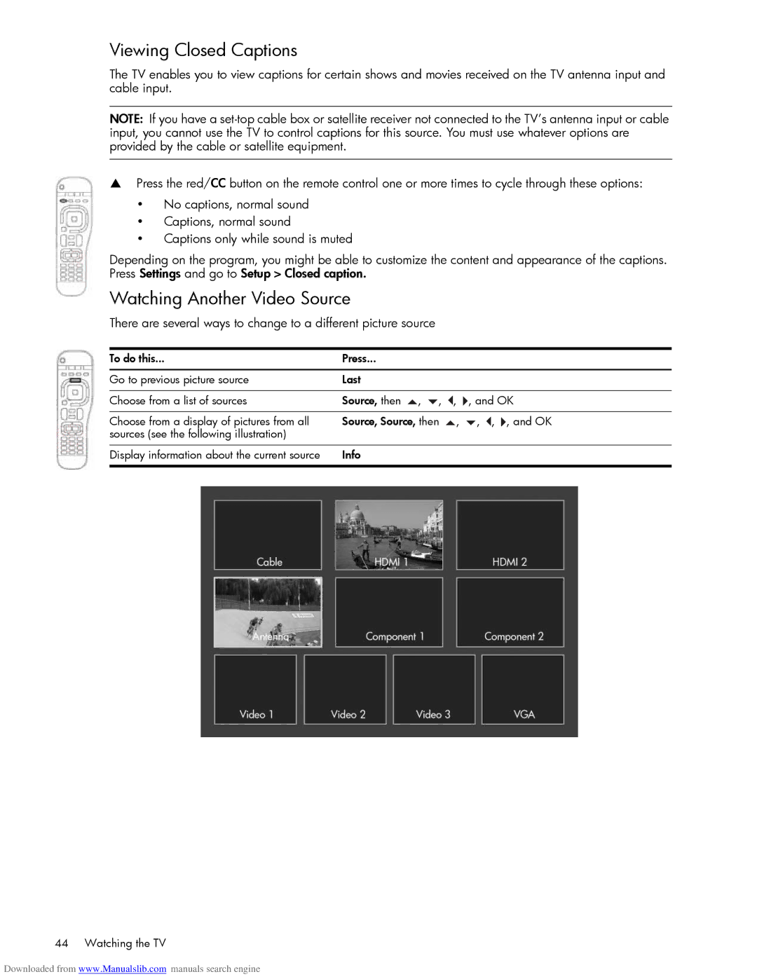 HP Projection Television MD6580N, Projection Television MD5880N Viewing Closed Captions, Watching Another Video Source 