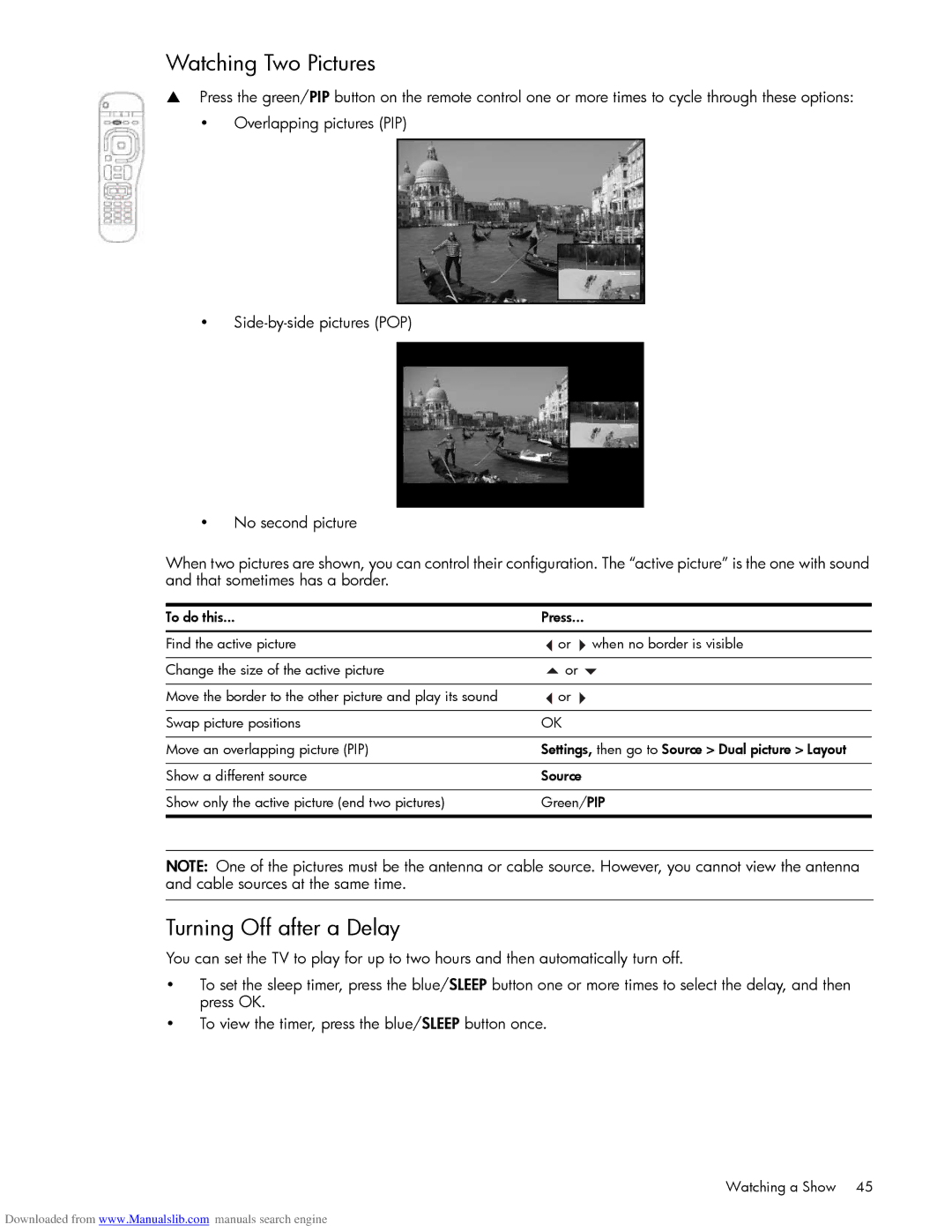 HP Projection Television MD5880N, Projection Television MD6580N manual Watching Two Pictures, Turning Off after a Delay 