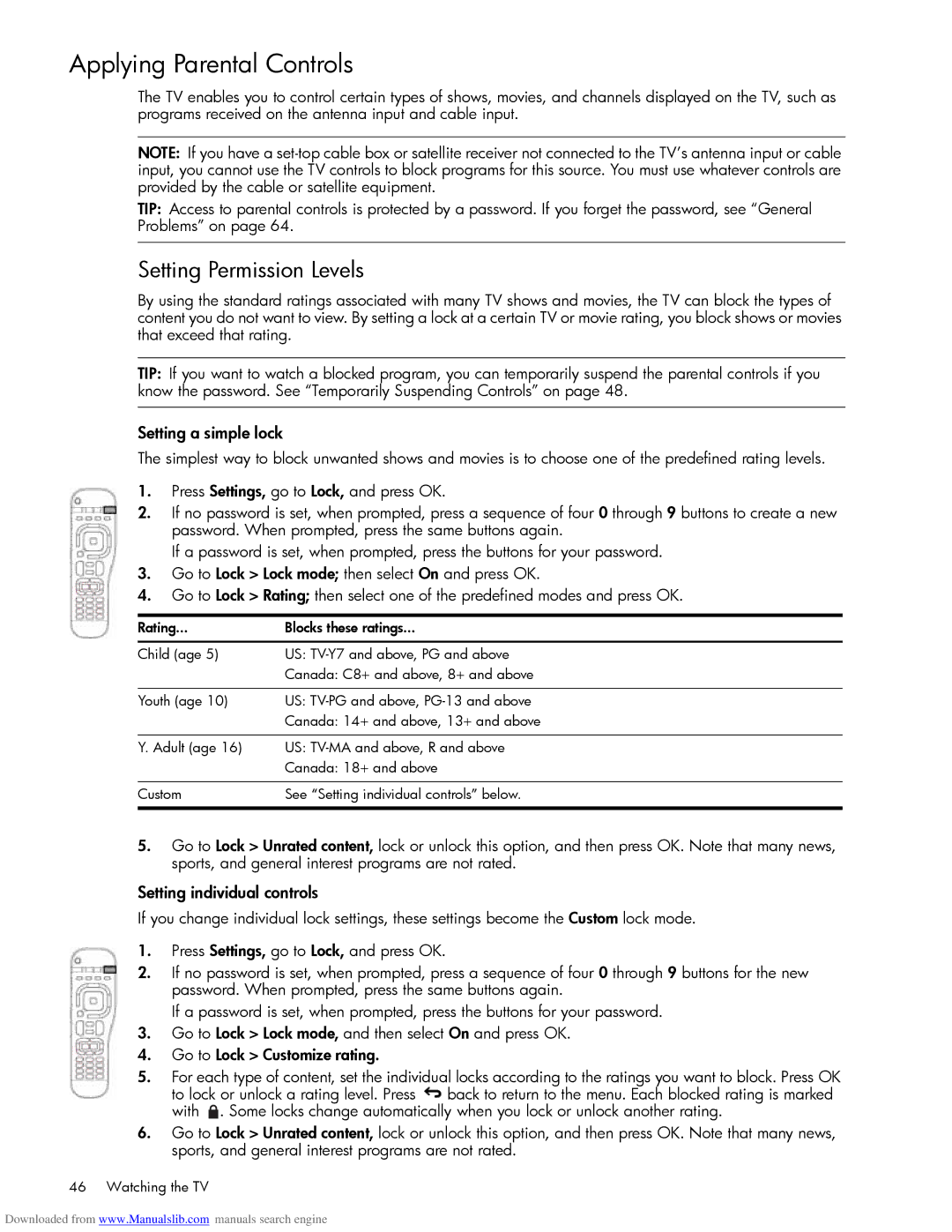 HP Projection Television MD6580N, Projection Television MD5880N manual Applying Parental Controls, Setting Permission Levels 