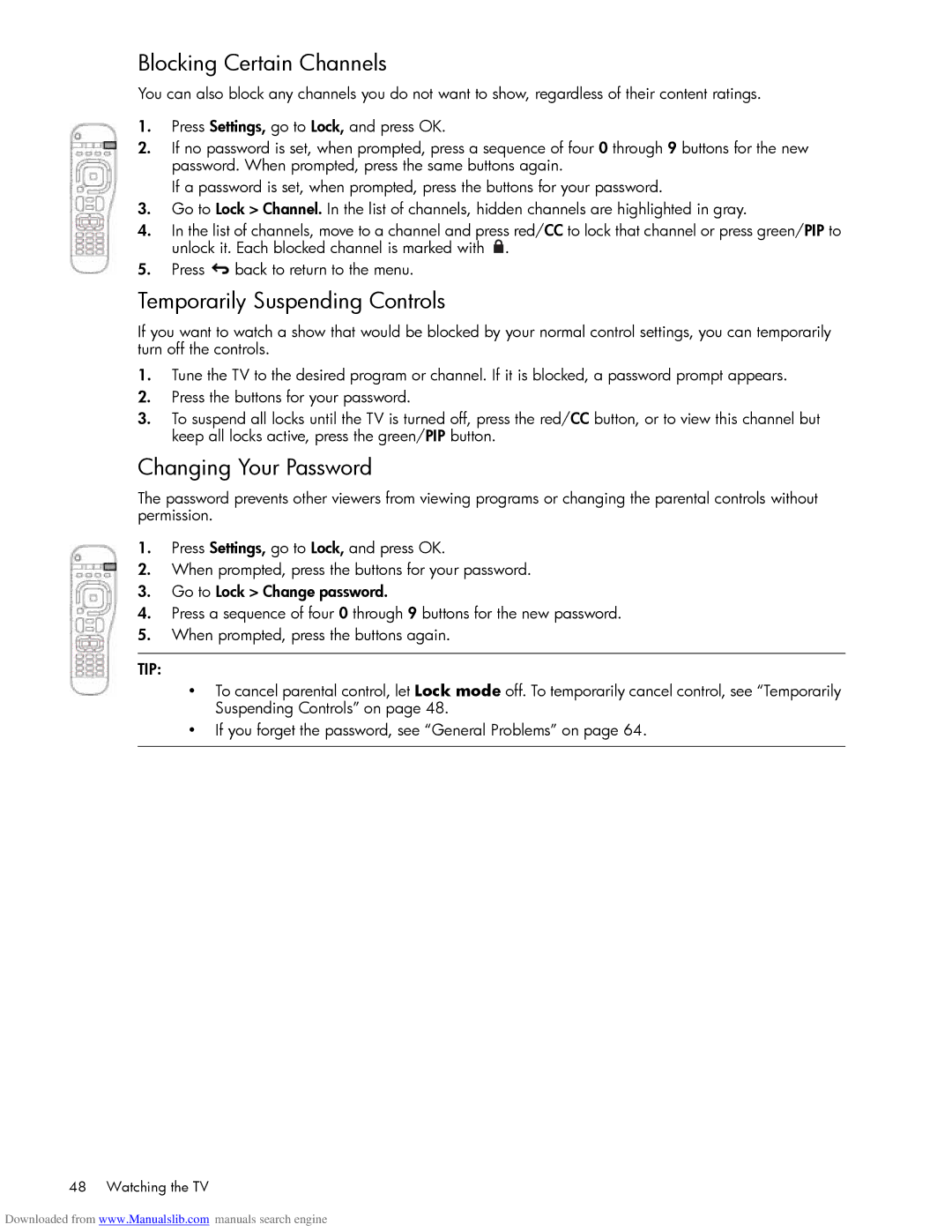 HP Projection Television MD6580N manual Blocking Certain Channels, Temporarily Suspending Controls, Changing Your Password 