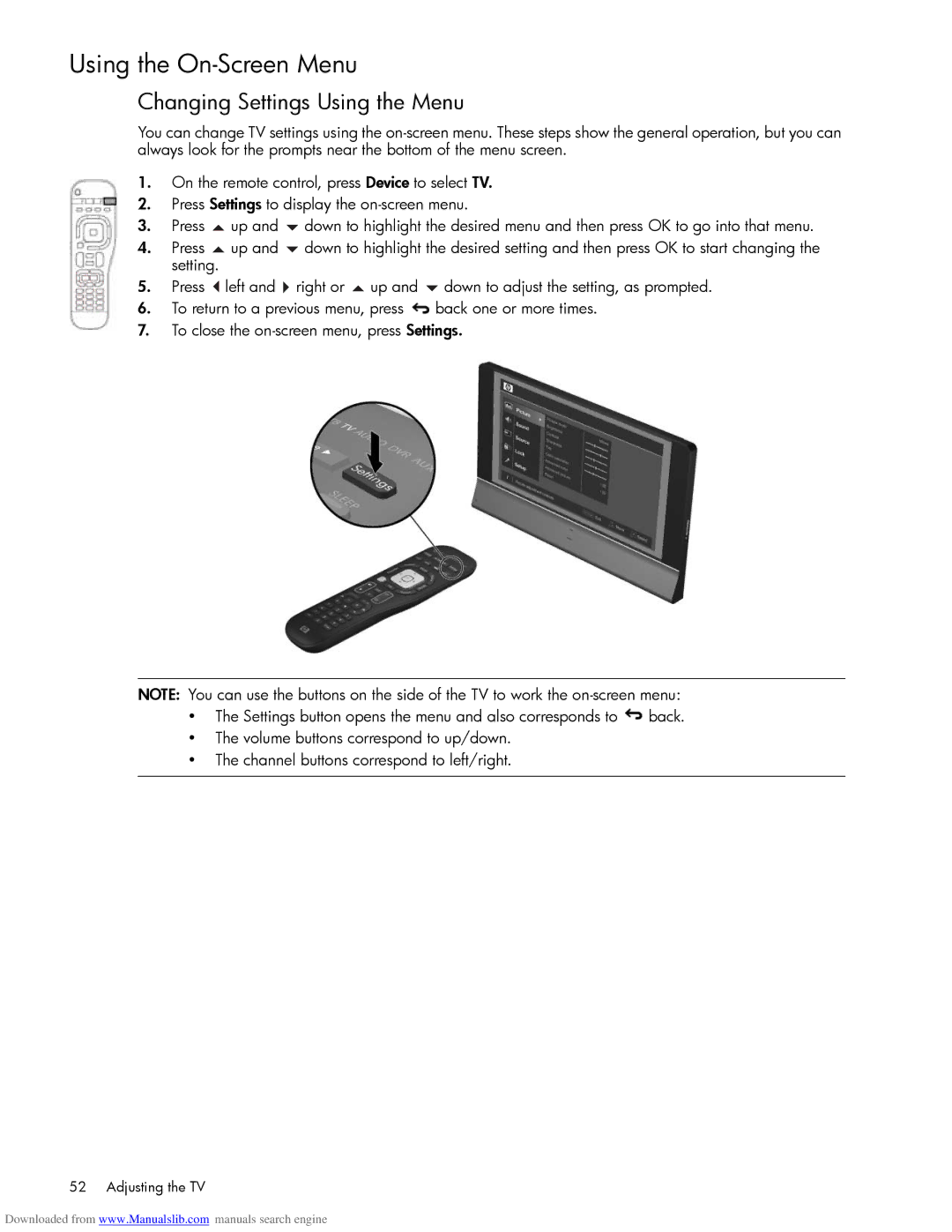 HP Projection Television MD6580N, Projection Television MD5880N Using the On-Screen Menu, Changing Settings Using the Menu 