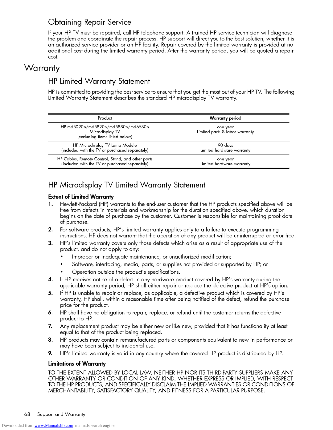 HP Projection Television MD6580N manual Obtaining Repair Service, HP Limited Warranty Statement, Support and Warranty 