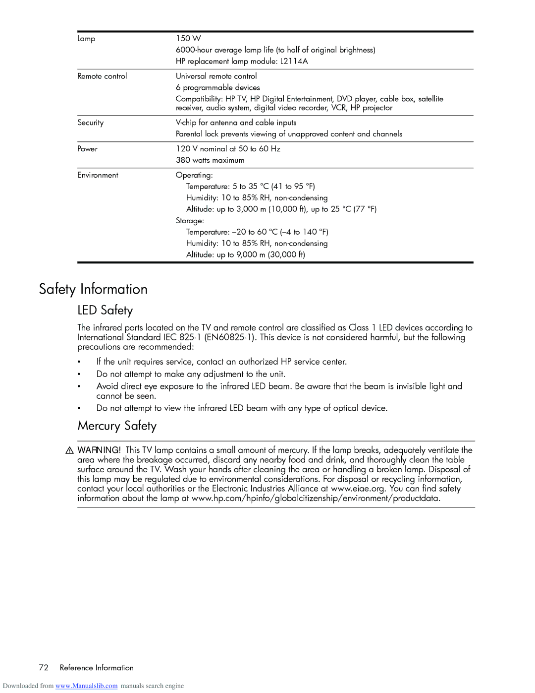 HP Projection Television MD6580N manual Safety Information, LED Safety, Mercury Safety, Reference Information 