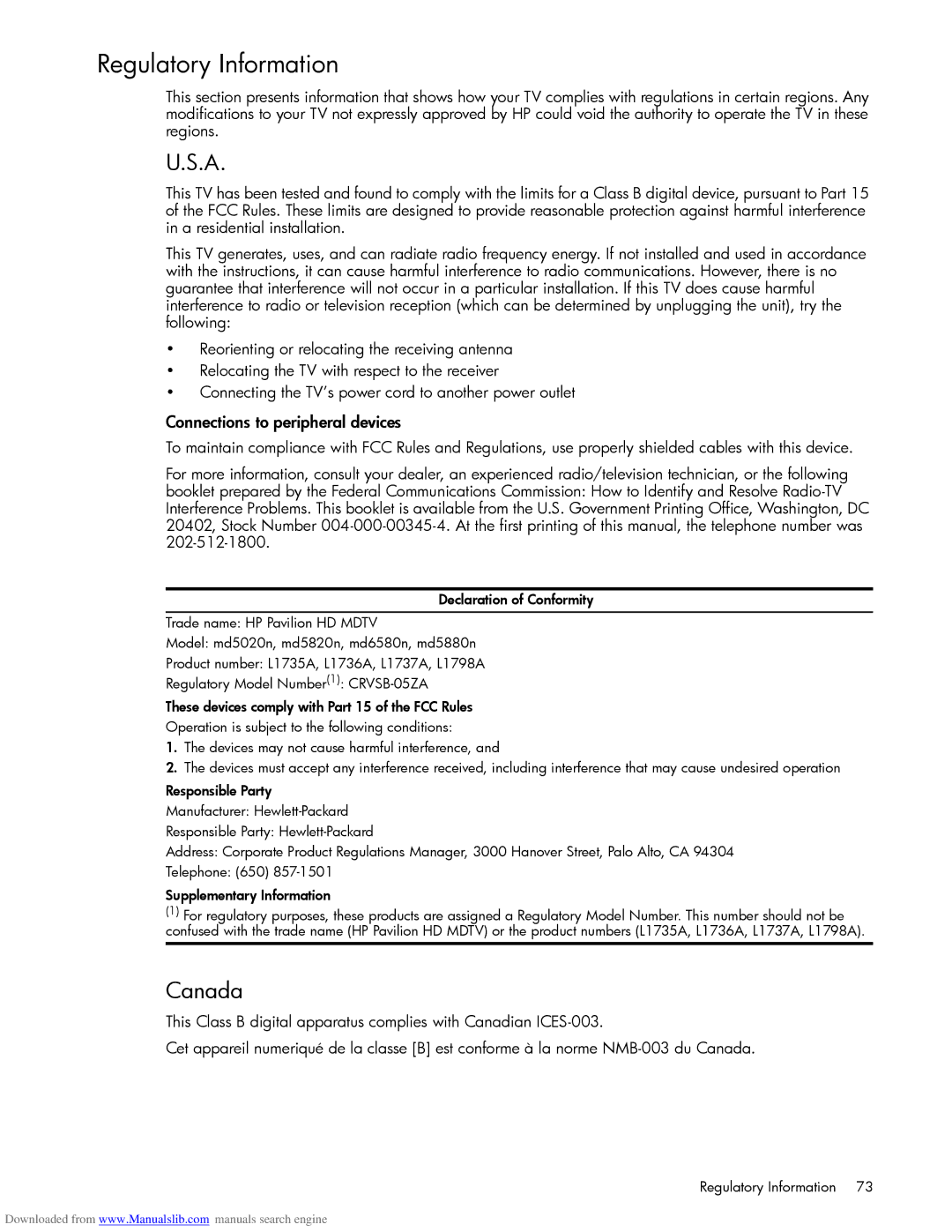 HP Projection Television MD5880N, Projection Television MD6580N manual Regulatory Information, Canada 