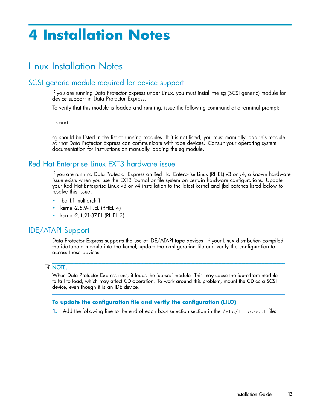 HP Projer TC33096003 Linux Installation Notes, Scsi generic module required for device support, IDE/ATAPI Support 