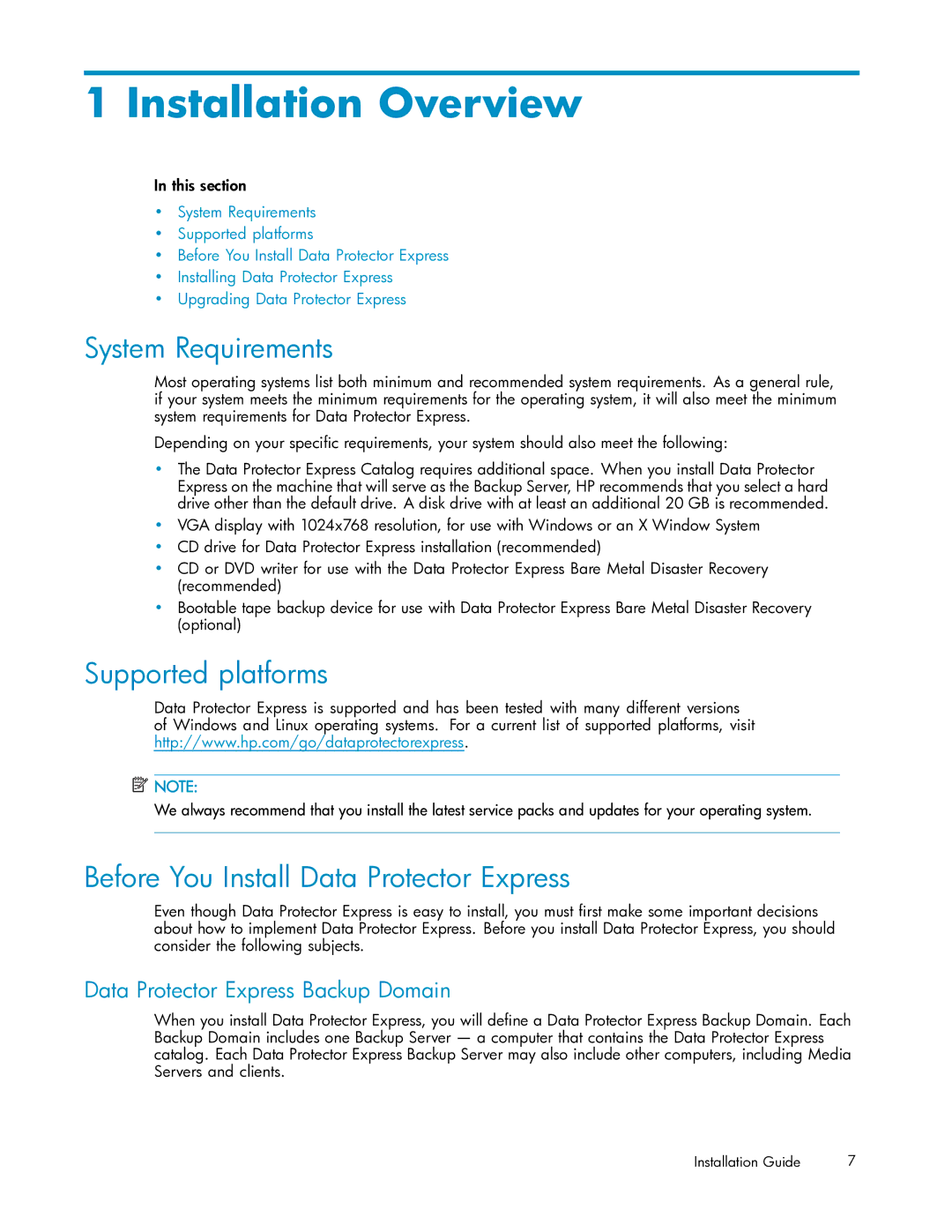 HP Projer TC33096003 Installation Overview, System Requirements, Supported platforms, Data Protector Express Backup Domain 