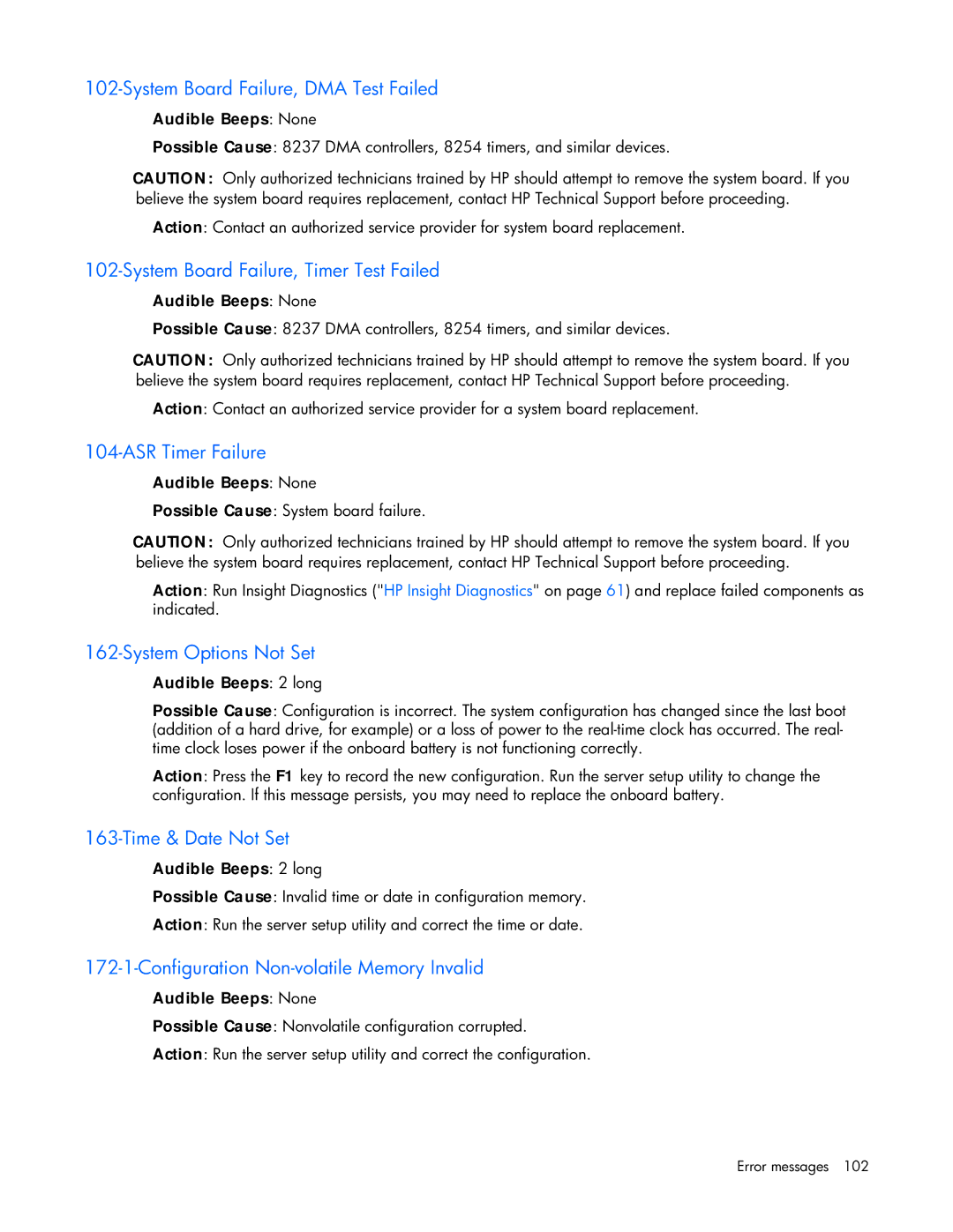 HP ProLight Server manual System Board Failure, DMA Test Failed, System Board Failure, Timer Test Failed, ASR Timer Failure 