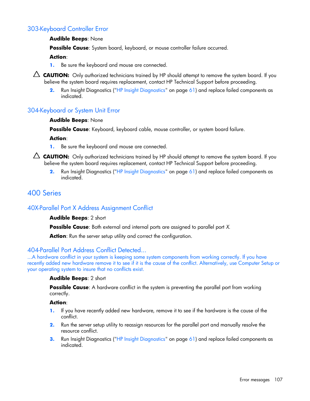 HP ProLight Server manual Keyboard Controller Error, Keyboard or System Unit Error, Parallel Port Address Conflict Detected 