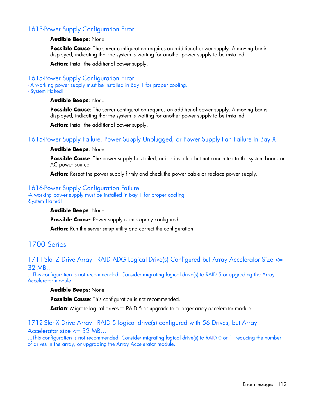 HP ProLight Server manual Power Supply Configuration Error, Power Supply Configuration Failure 