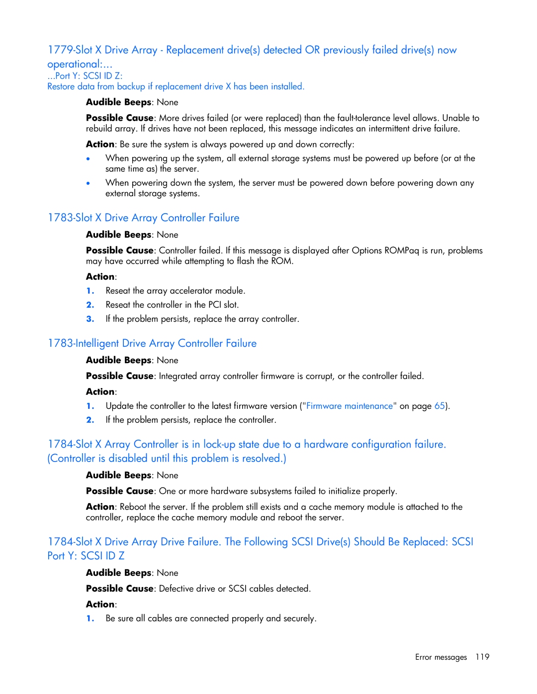 HP ProLight Server manual Slot X Drive Array Controller Failure, Intelligent Drive Array Controller Failure 