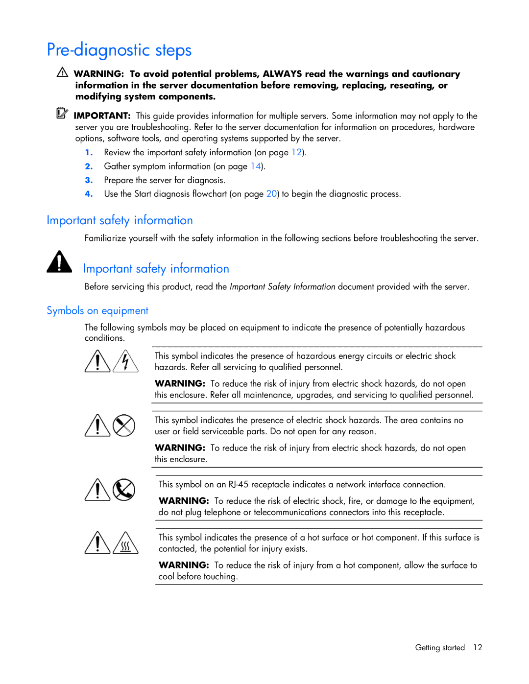 HP ProLight Server manual Pre-diagnostic steps, Important safety information, Symbols on equipment 