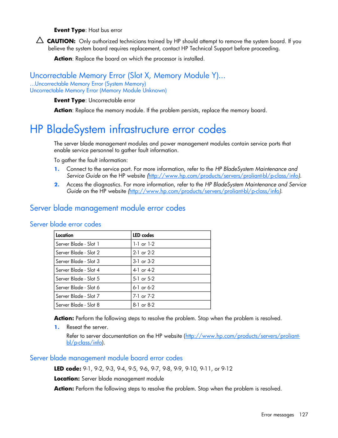 HP ProLight Server manual HP BladeSystem infrastructure error codes, Uncorrectable Memory Error Slot X, Memory Module Y 