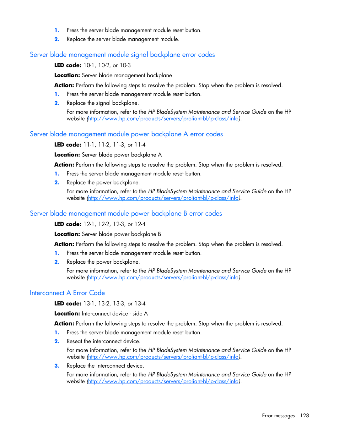 HP ProLight Server manual Server blade management module signal backplane error codes, Interconnect a Error Code 