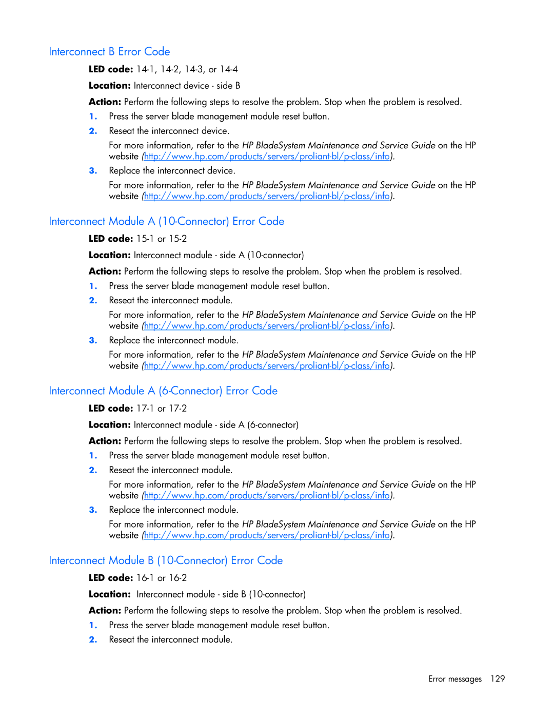 HP ProLight Server manual Interconnect B Error Code, Interconnect Module a 10-Connector Error Code 