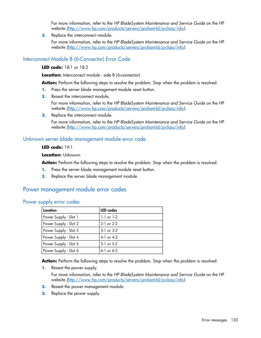 HP ProLight Server manual Power management module error codes, Interconnect Module B 6-Connector Error Code 