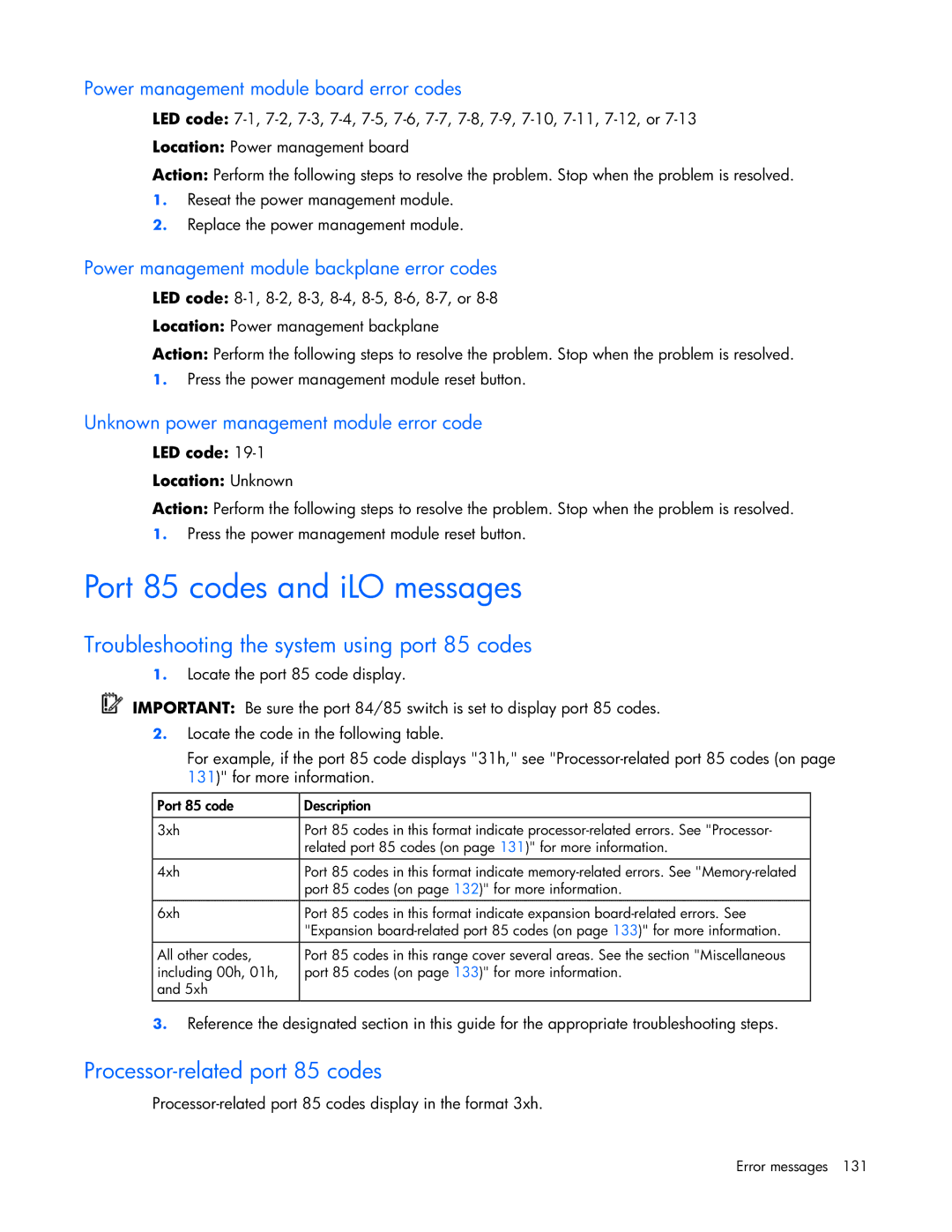 HP ProLight Server manual Port 85 codes and iLO messages, Troubleshooting the system using port 85 codes 