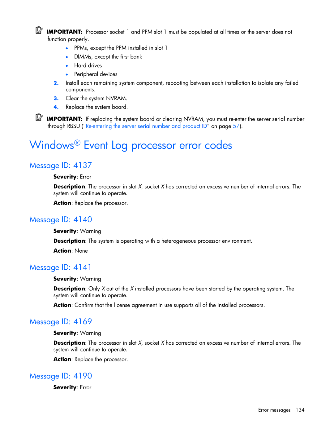 HP ProLight Server manual Windows Event Log processor error codes, Message ID 