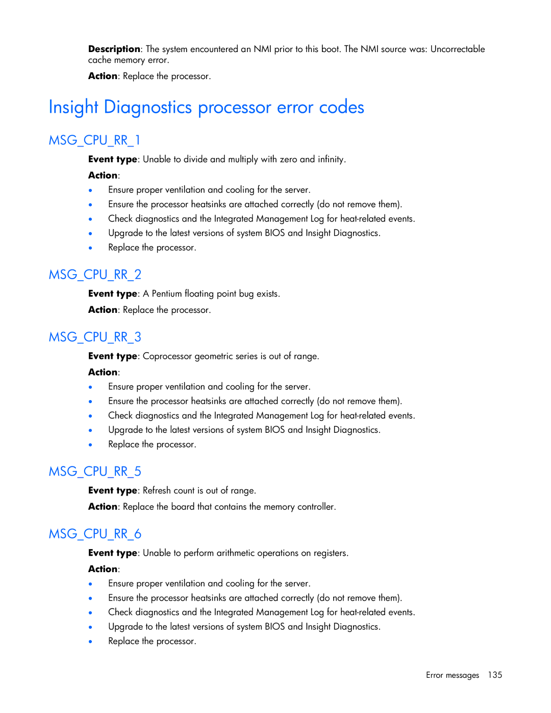 HP ProLight Server manual Insight Diagnostics processor error codes, MSGCPURR1 