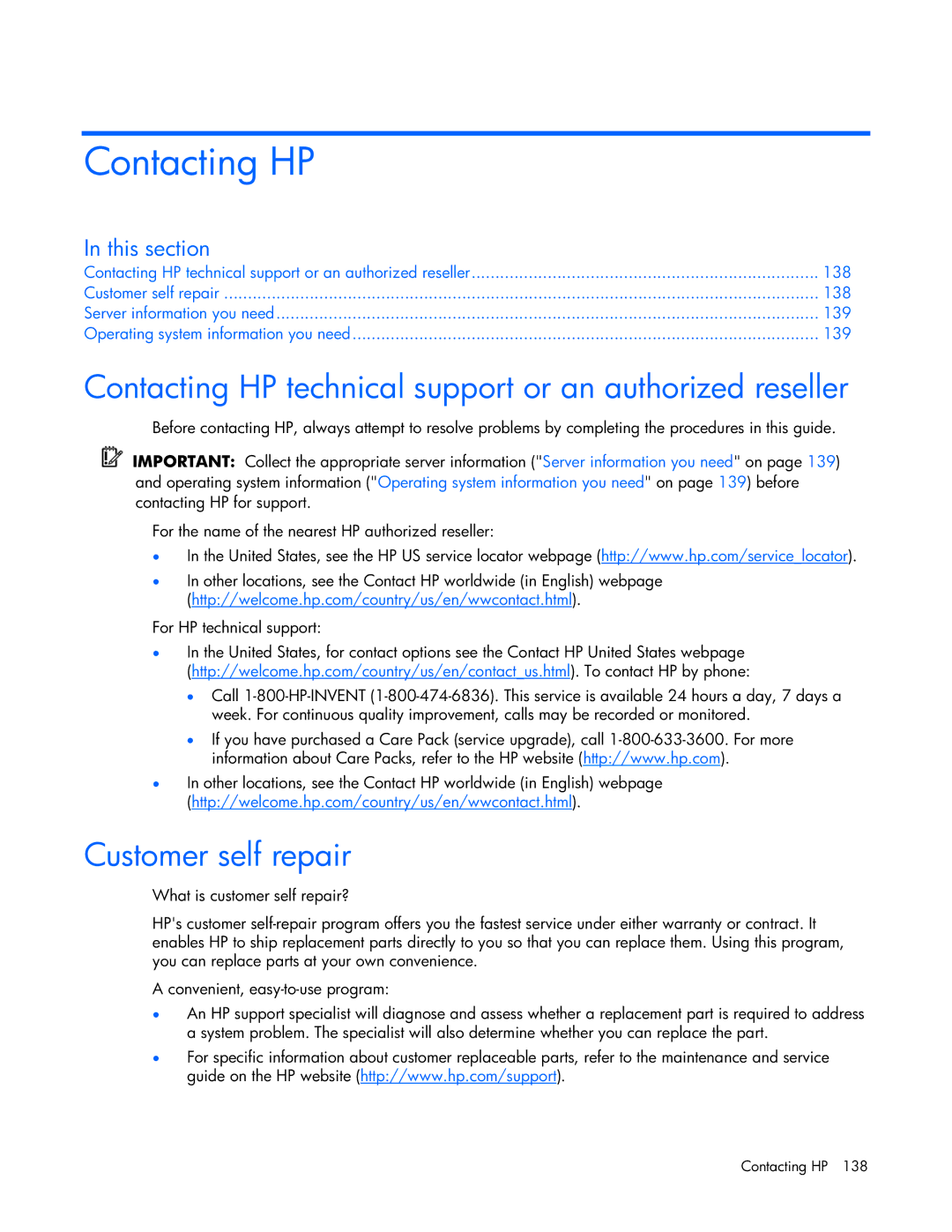 HP ProLight Server manual Contacting HP technical support or an authorized reseller, Customer self repair 