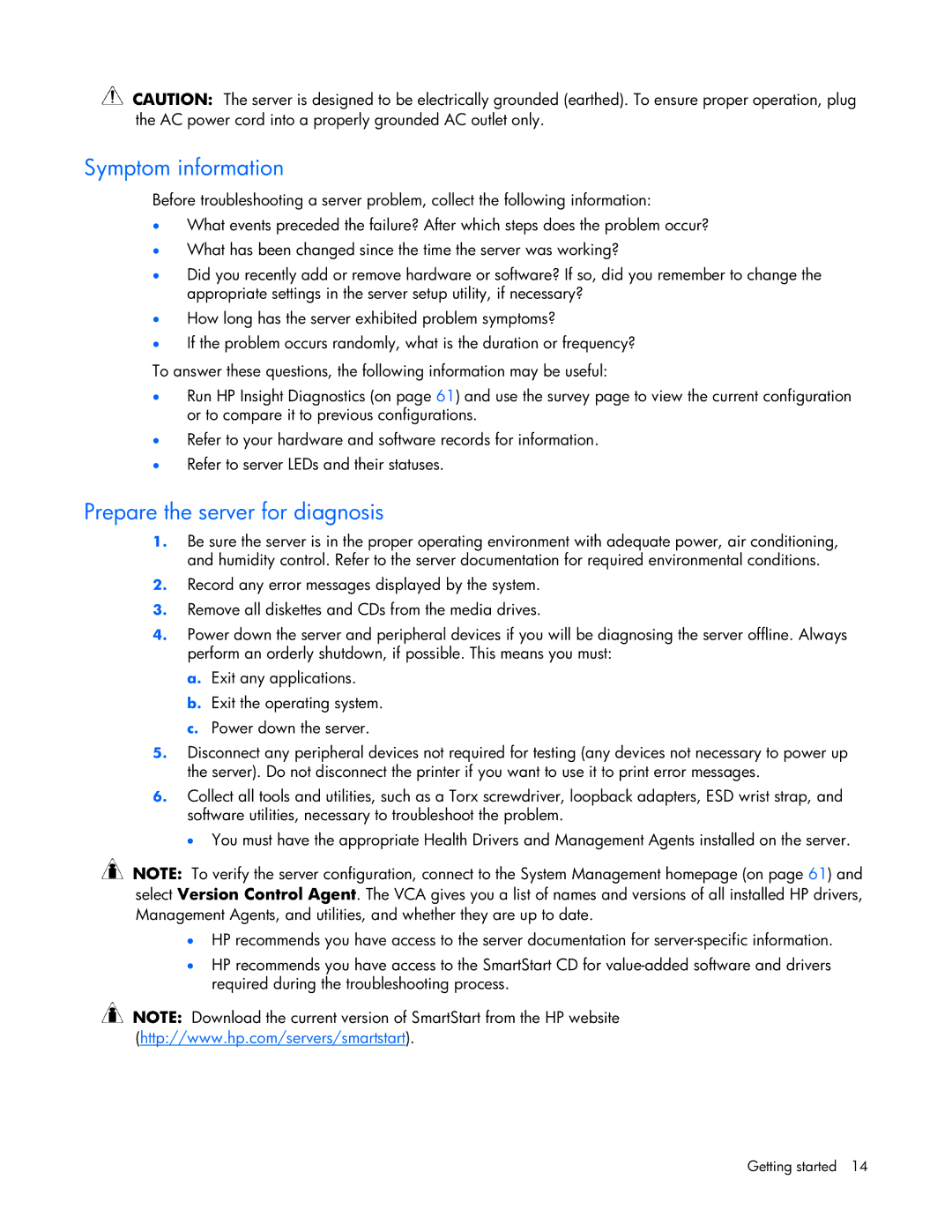 HP ProLight Server manual Symptom information, Prepare the server for diagnosis 