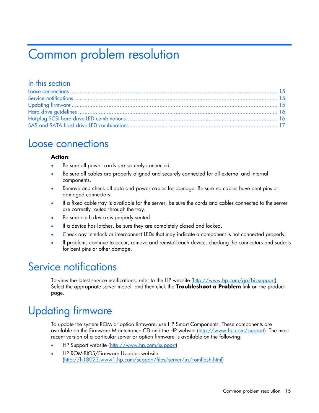 HP ProLight Server manual Common problem resolution, Loose connections, Service notifications Updating firmware 