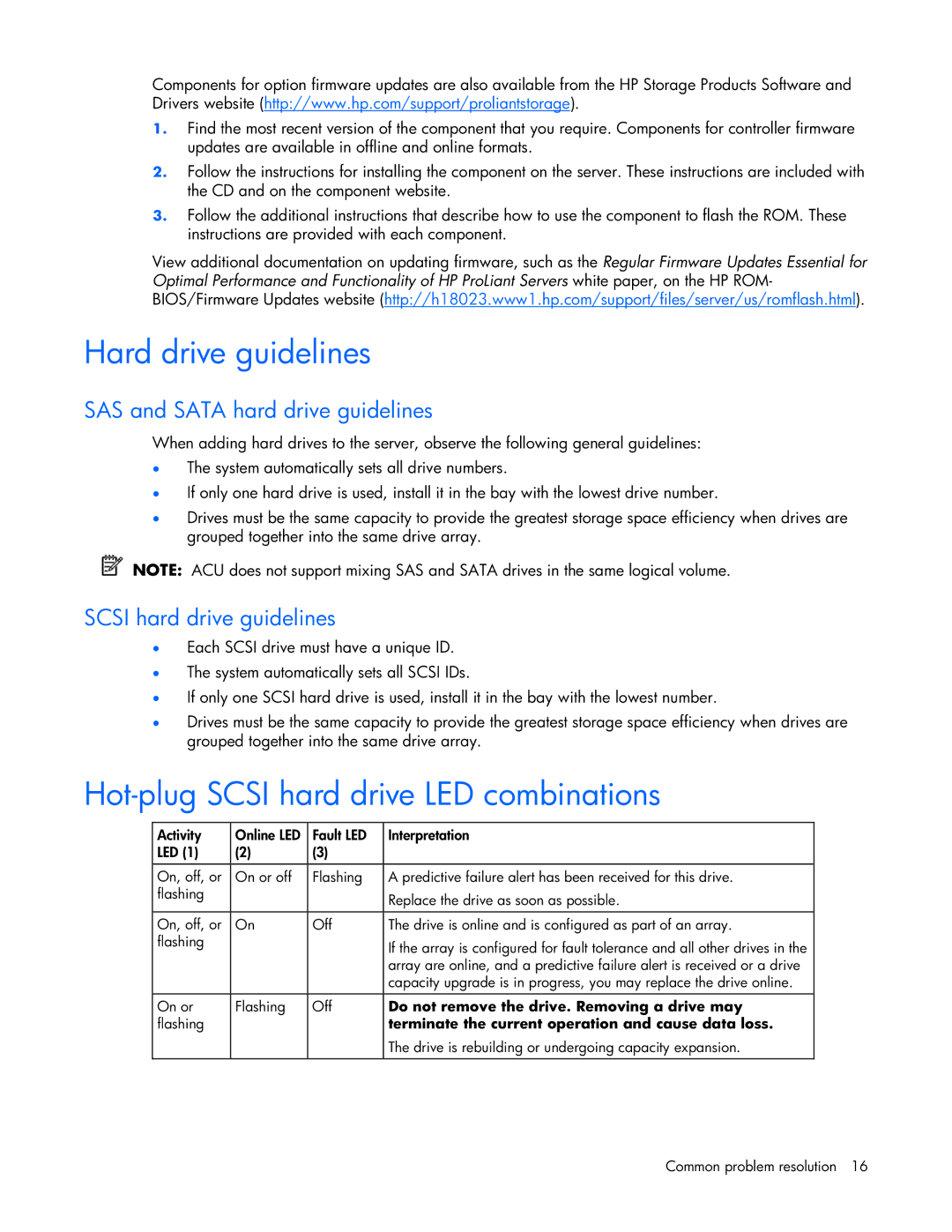 HP ProLight Server Hard drive guidelines, Hot-plug Scsi hard drive LED combinations, SAS and Sata hard drive guidelines 