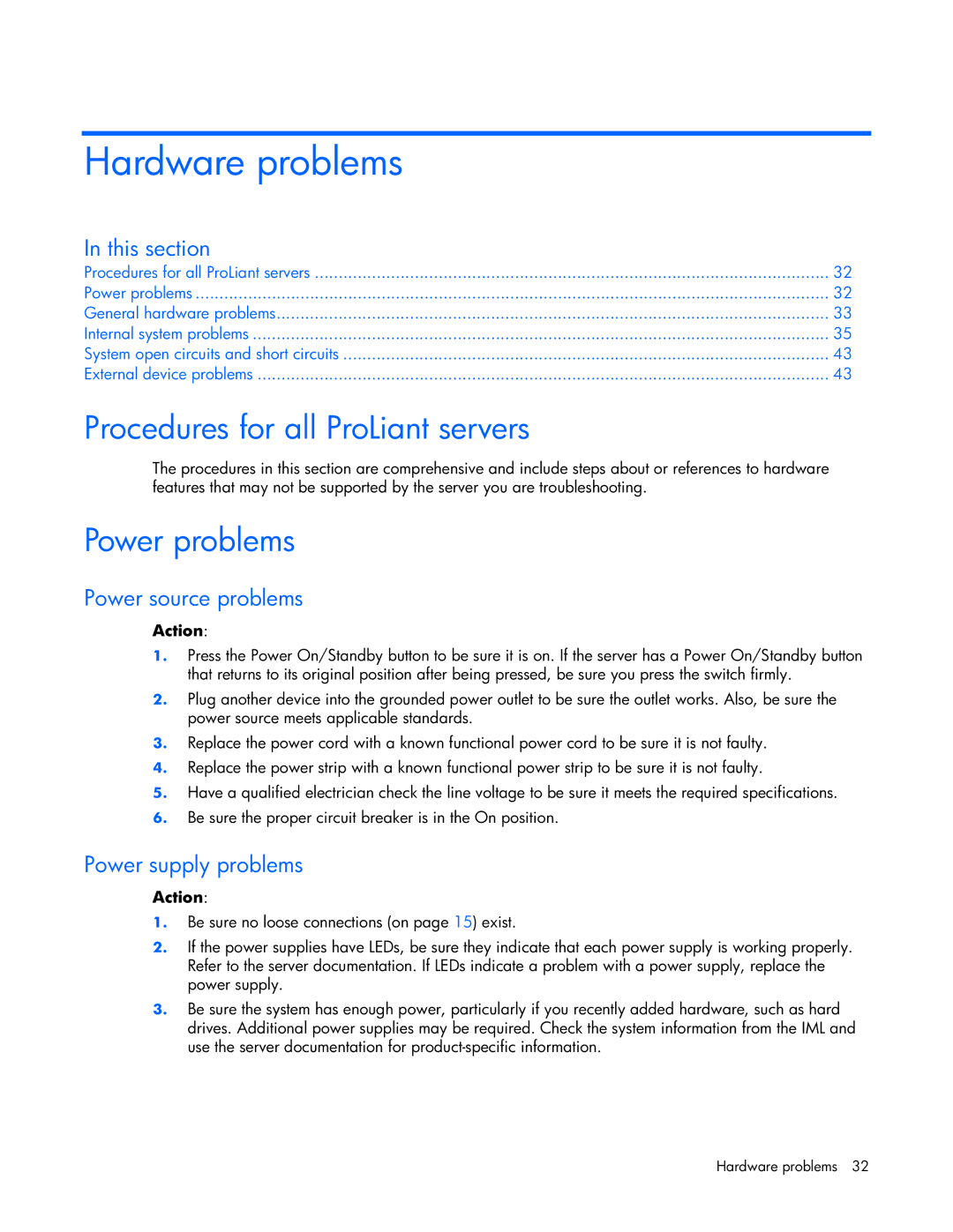 HP ProLight Server manual Hardware problems, Procedures for all ProLiant servers, Power problems, Power source problems 