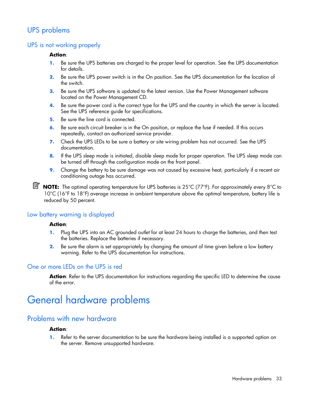 HP ProLight Server manual General hardware problems, UPS problems, Problems with new hardware 