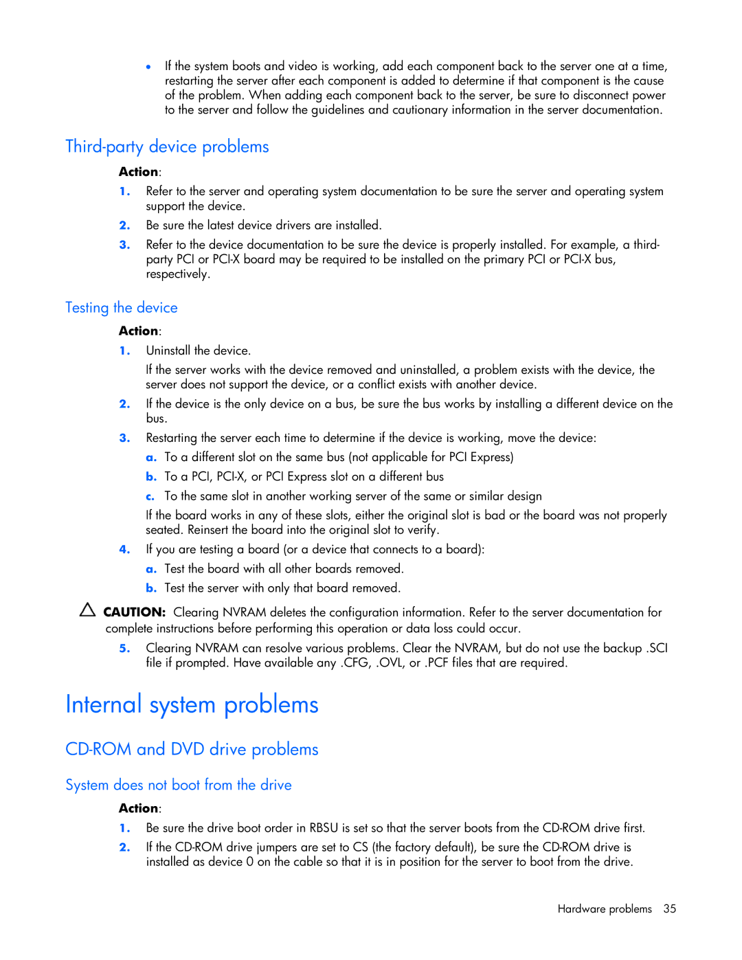 HP ProLight Server manual Internal system problems, Third-party device problems, CD-ROM and DVD drive problems 