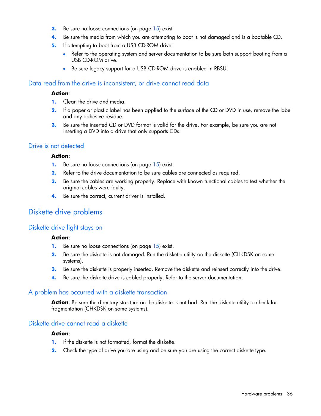 HP ProLight Server manual Diskette drive problems, Drive is not detected, Diskette drive light stays on 