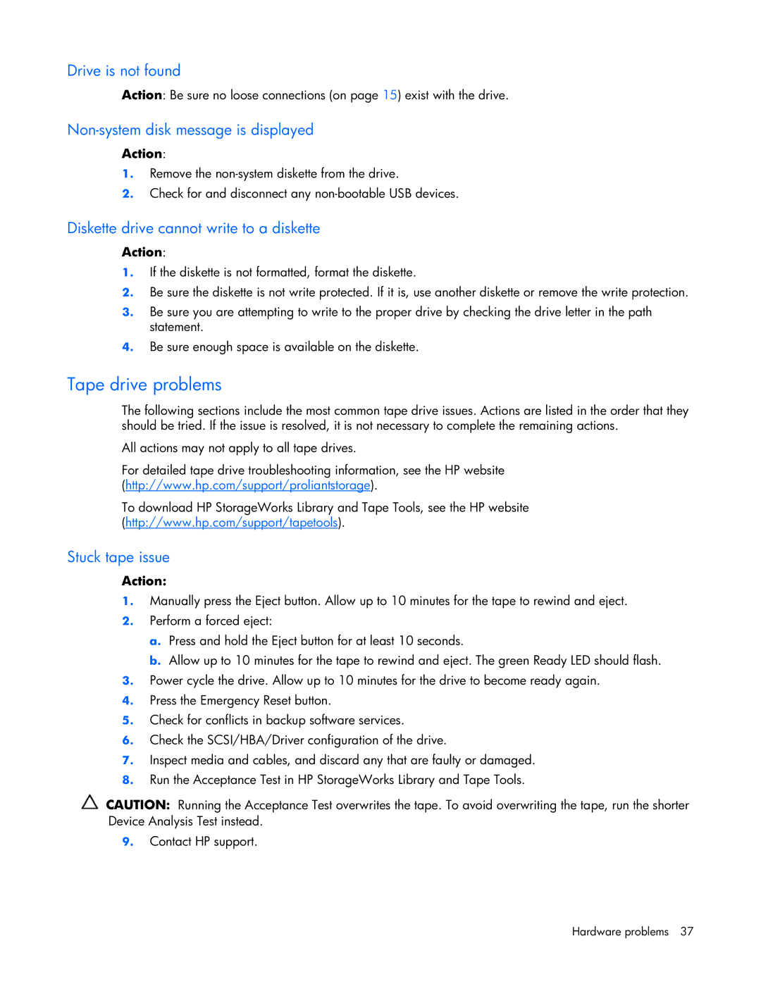 HP ProLight Server manual Tape drive problems, Drive is not found, Non-system disk message is displayed, Stuck tape issue 