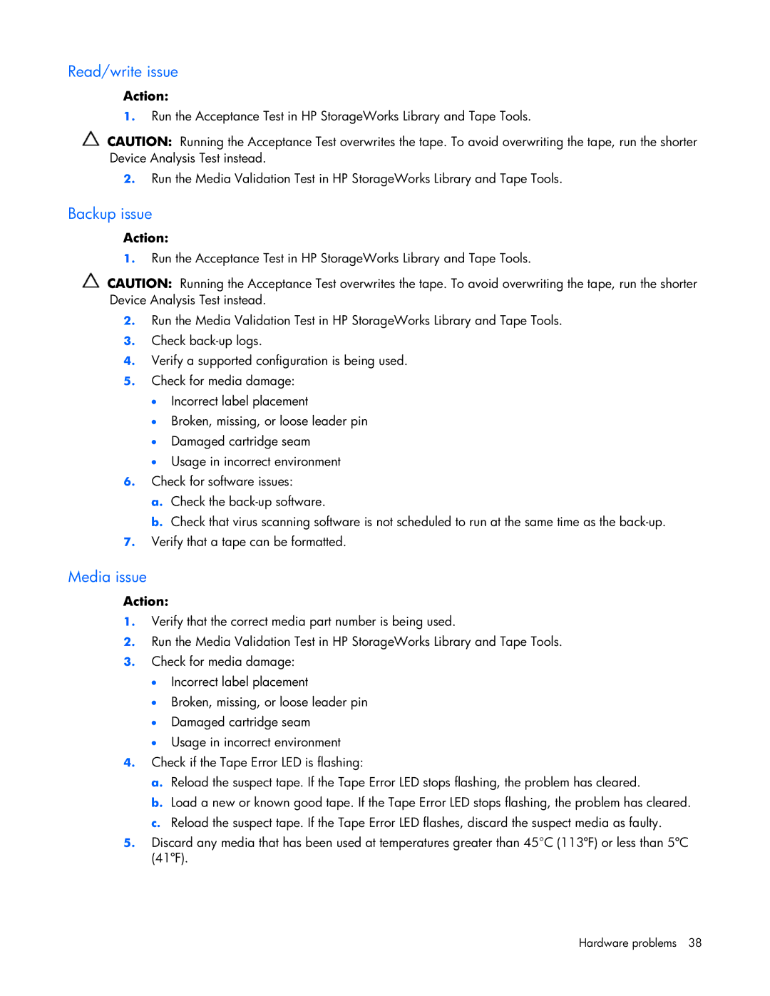 HP ProLight Server manual Read/write issue, Backup issue, Media issue 