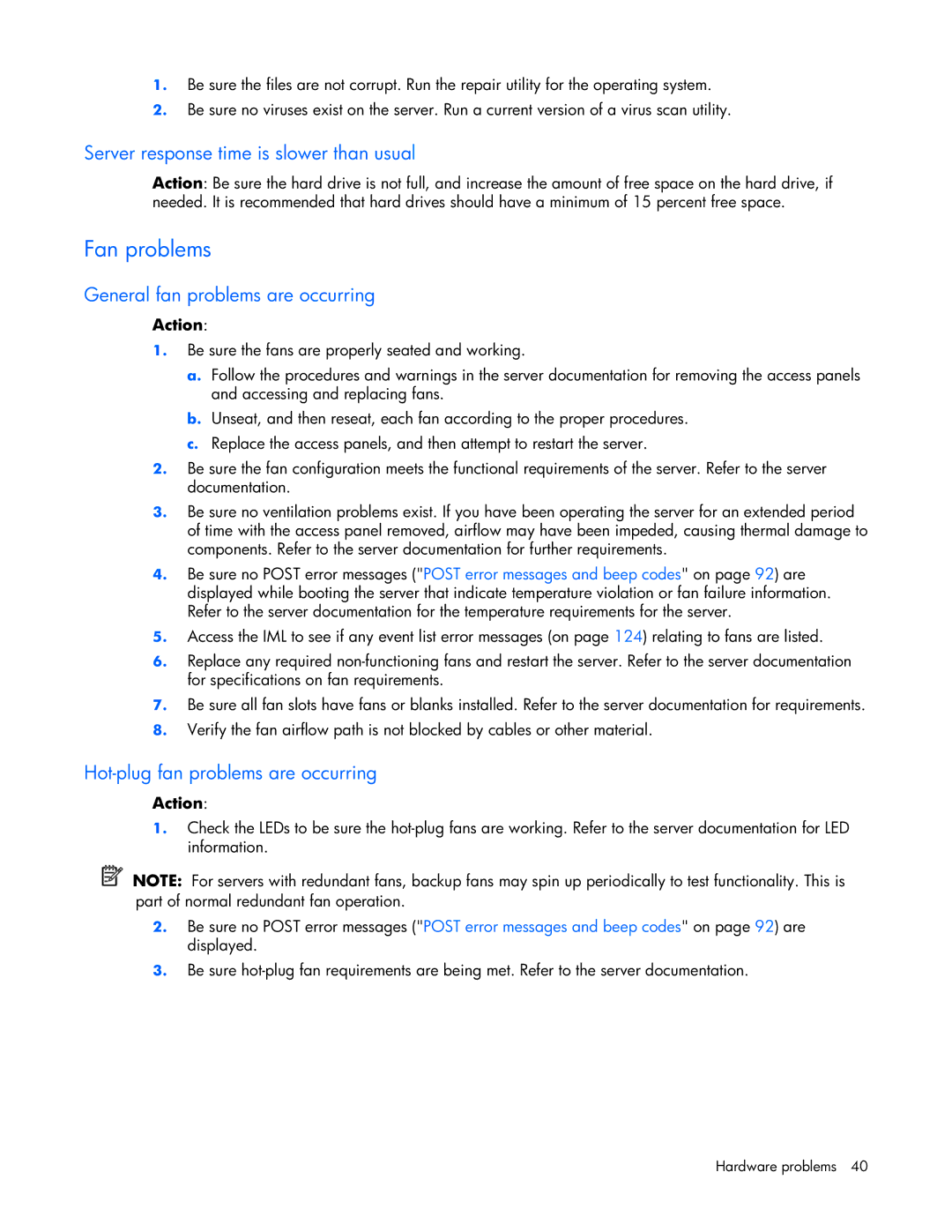 HP ProLight Server manual Fan problems, Server response time is slower than usual, General fan problems are occurring 