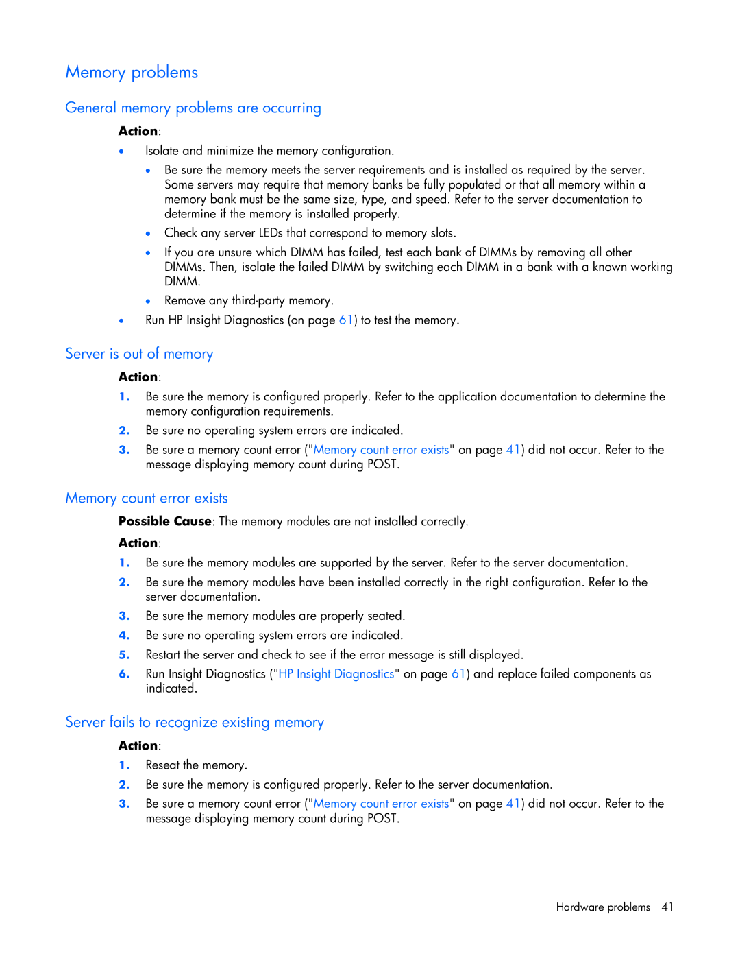 HP ProLight Server manual Memory problems, General memory problems are occurring, Server is out of memory 