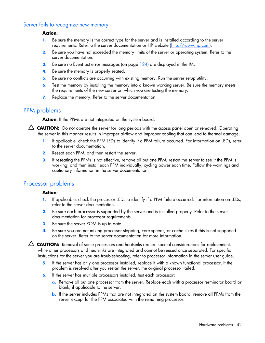 HP ProLight Server manual PPM problems, Processor problems, Server fails to recognize new memory 