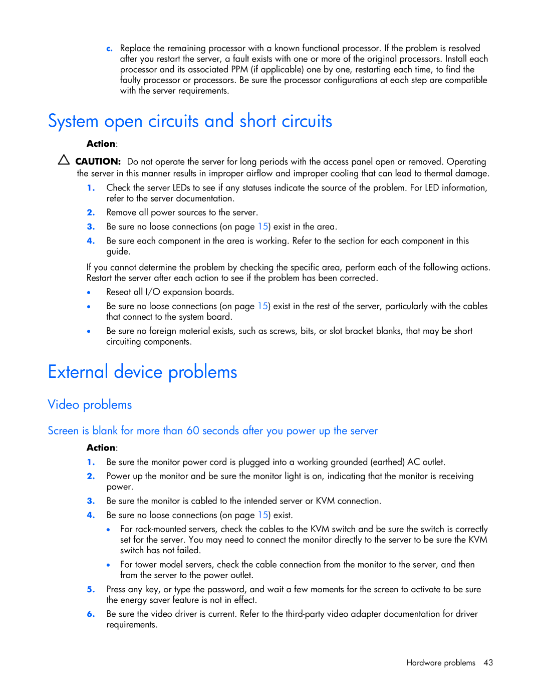 HP ProLight Server manual System open circuits and short circuits, External device problems, Video problems 