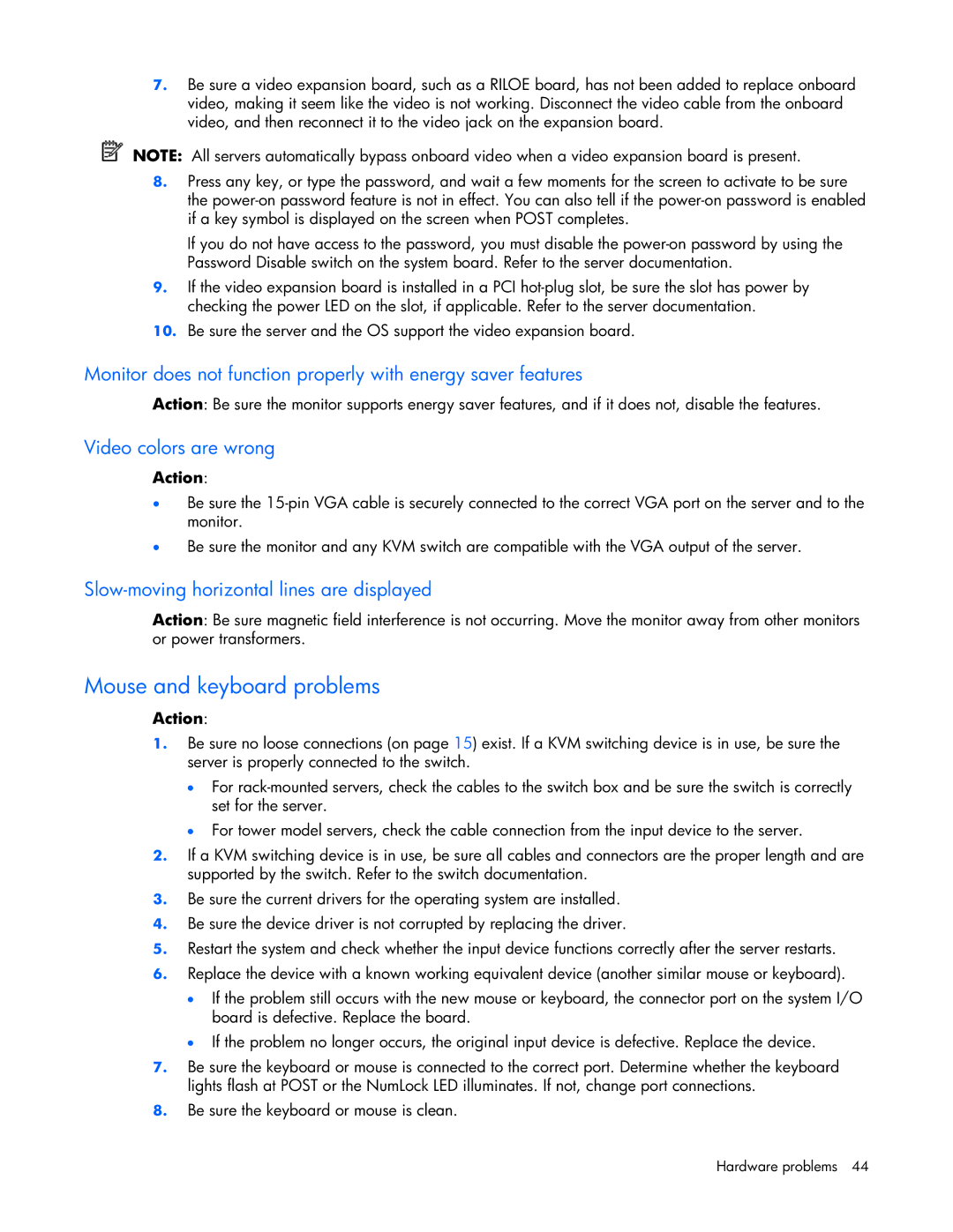 HP ProLight Server manual Mouse and keyboard problems, Video colors are wrong, Slow-moving horizontal lines are displayed 