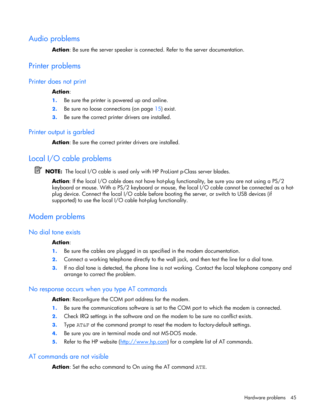 HP ProLight Server manual Audio problems, Printer problems, Local I/O cable problems, Modem problems 