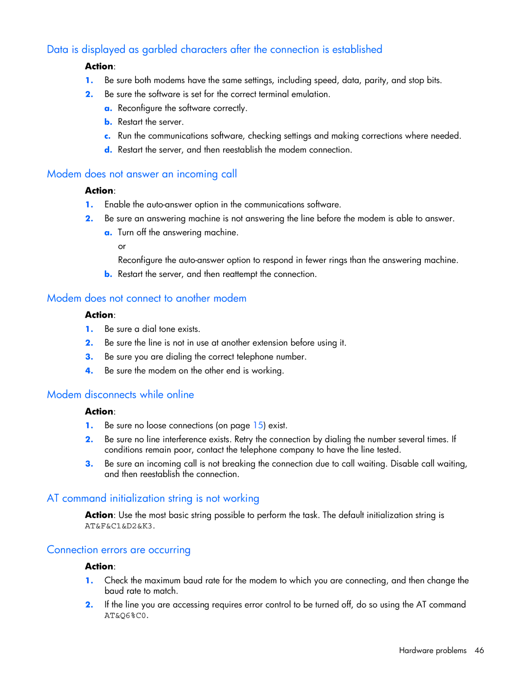 HP ProLight Server manual Modem does not answer an incoming call, Modem does not connect to another modem 