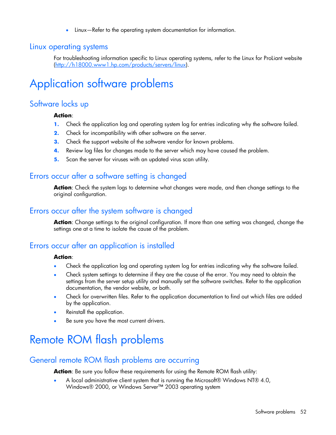 HP ProLight Server manual Application software problems, Remote ROM flash problems 