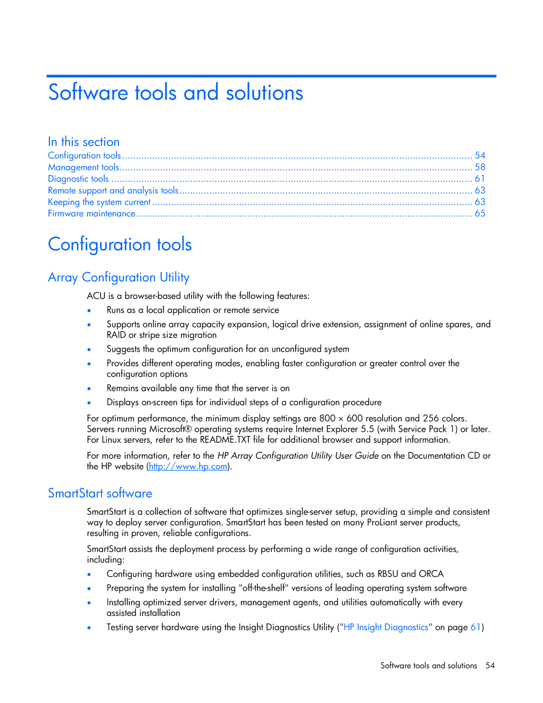 HP ProLight Server Software tools and solutions, Configuration tools, Array Configuration Utility, SmartStart software 