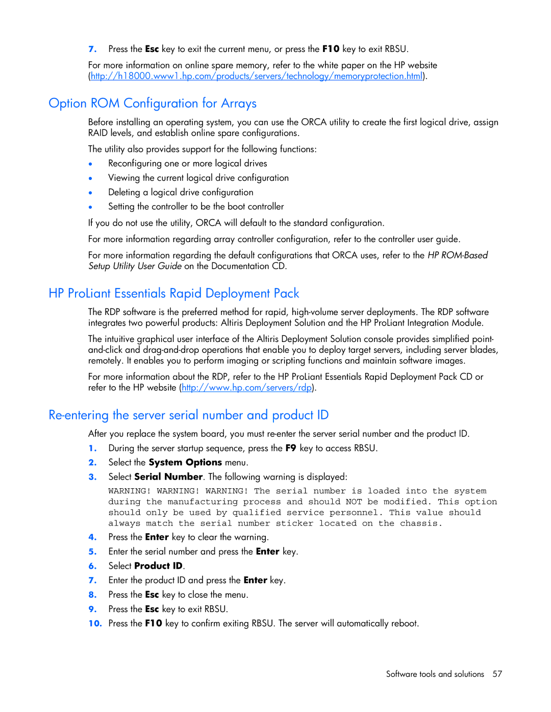 HP ProLight Server manual Option ROM Configuration for Arrays, HP ProLiant Essentials Rapid Deployment Pack 