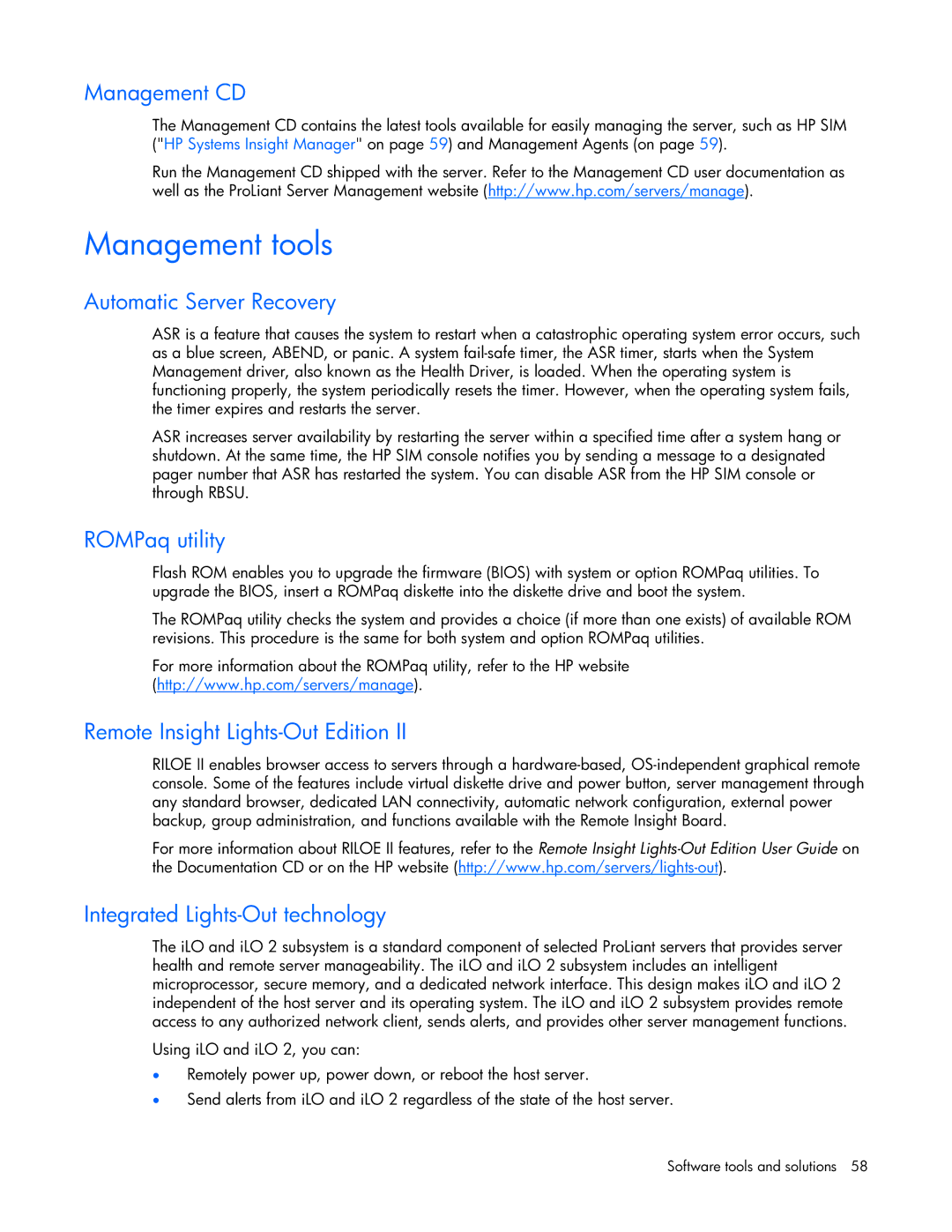 HP ProLight Server manual Management tools 