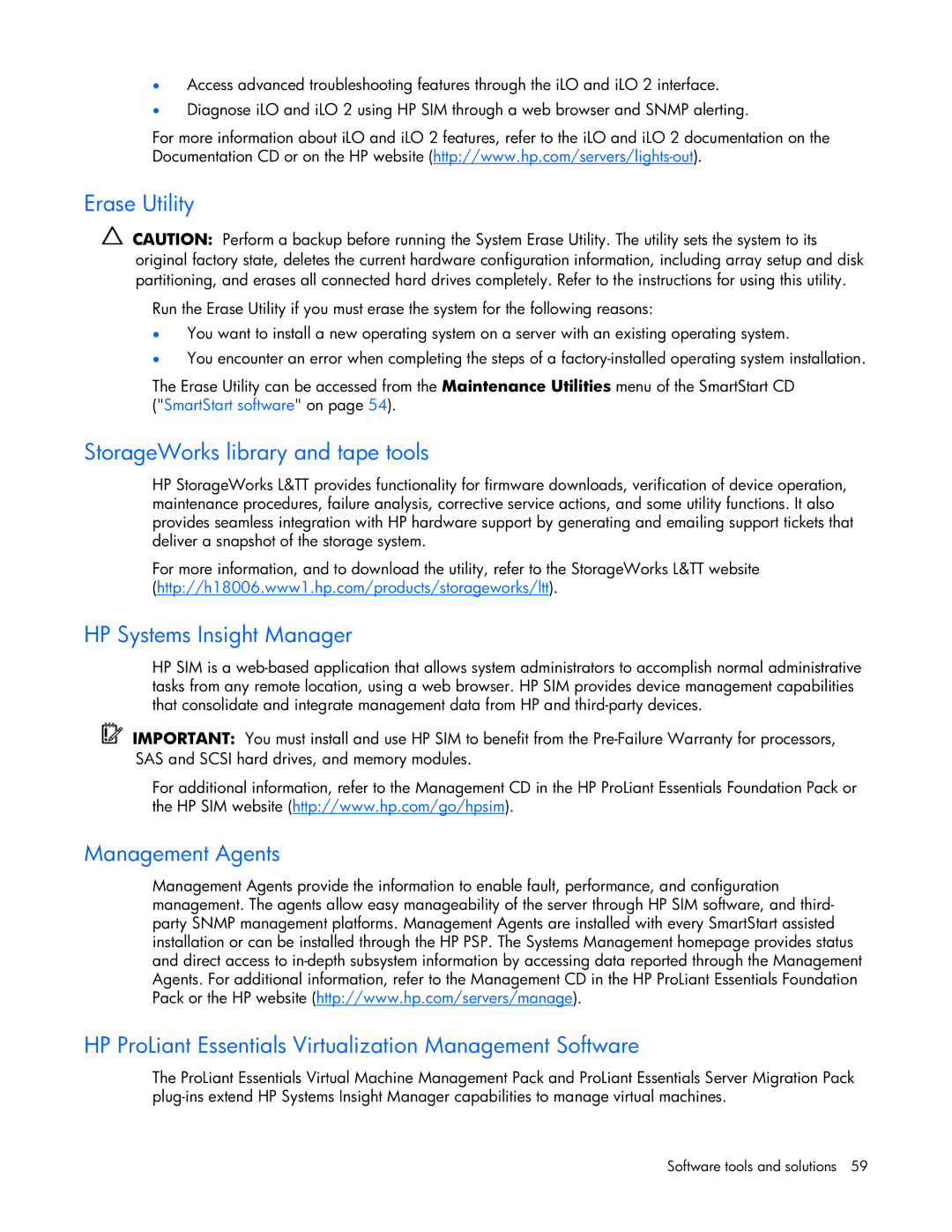 HP ProLight Server manual Erase Utility, StorageWorks library and tape tools, HP Systems Insight Manager 