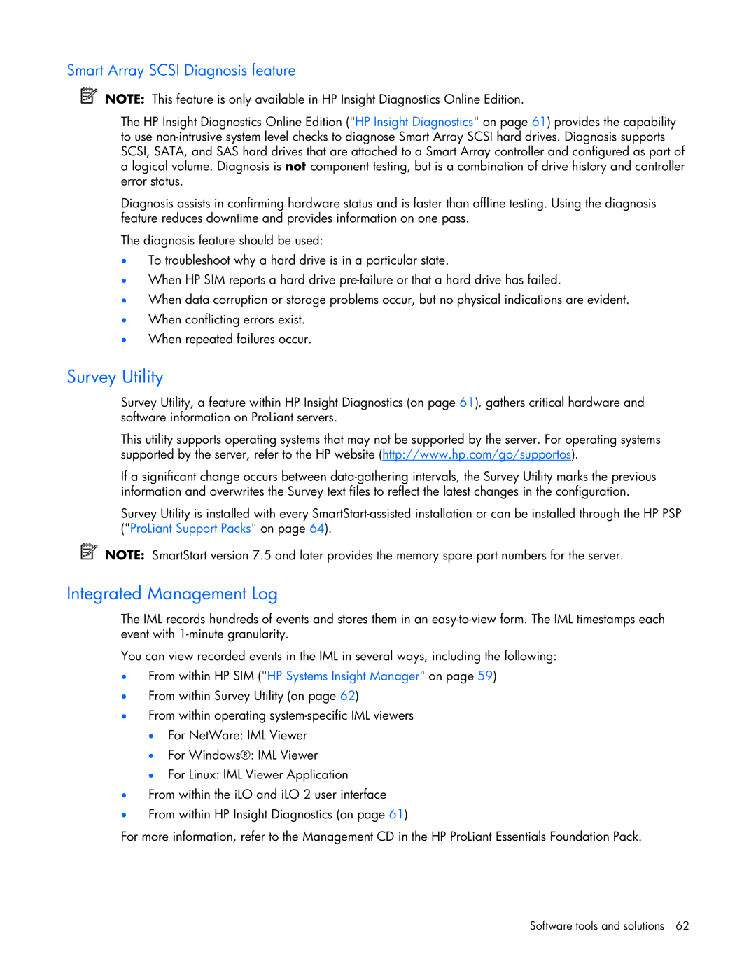 HP ProLight Server manual Survey Utility, Integrated Management Log, Smart Array Scsi Diagnosis feature 