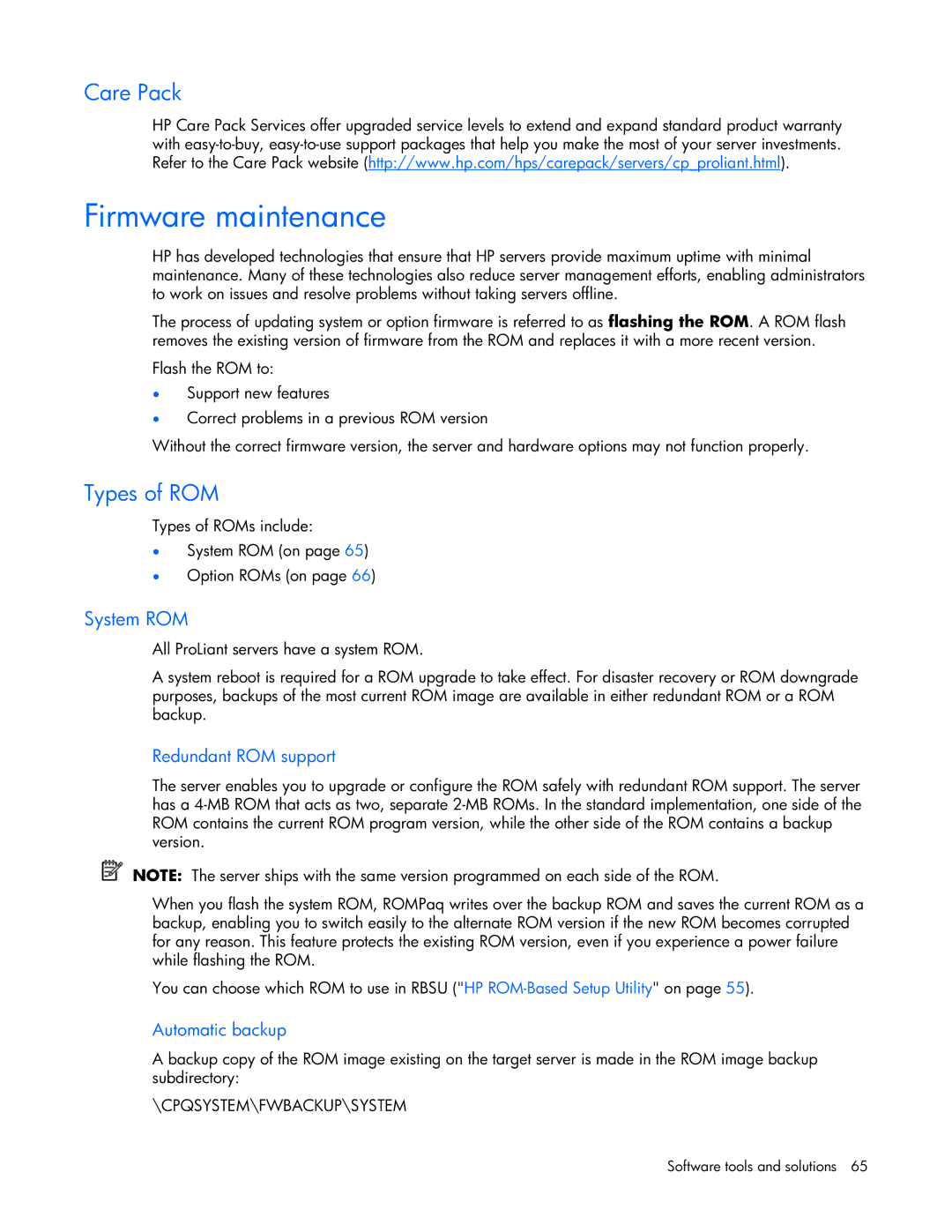 HP ProLight Server manual Firmware maintenance, Care Pack, Types of ROM, System ROM 