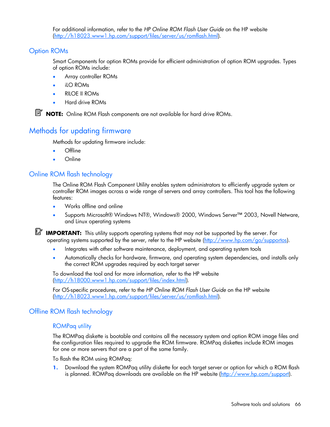 HP ProLight Server Methods for updating firmware, Option ROMs, Online ROM flash technology, Offline ROM flash technology 