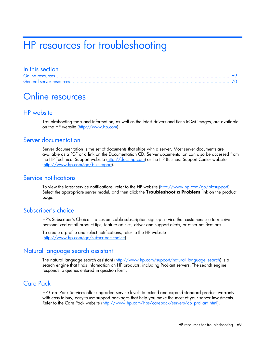 HP ProLight Server manual HP resources for troubleshooting, Online resources, Natural language search assistant Care Pack 